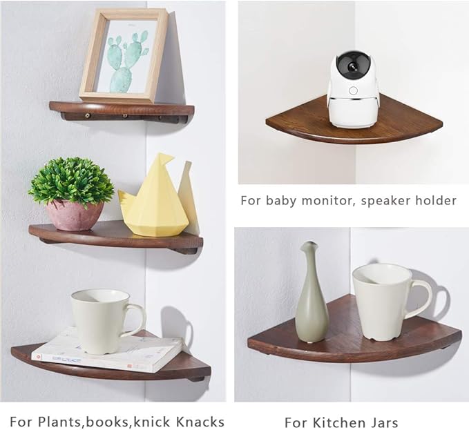 Conamily Corner Shelf,12inch Walnut Solid Wood Floating Corner Shelves Wall Mount Round End Floating Speaker Rack with Wire Hole for Small Plant for Bedroom Kitchen