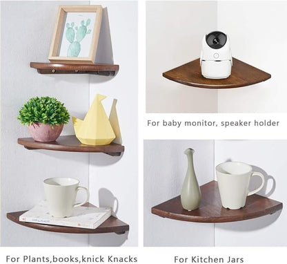 Conamily Corner Shelf,12inch Walnut Solid Wood Floating Corner Shelves Wall Mount Round End Floating Speaker Rack with Wire Hole for Small Plant for Bedroom Kitchen