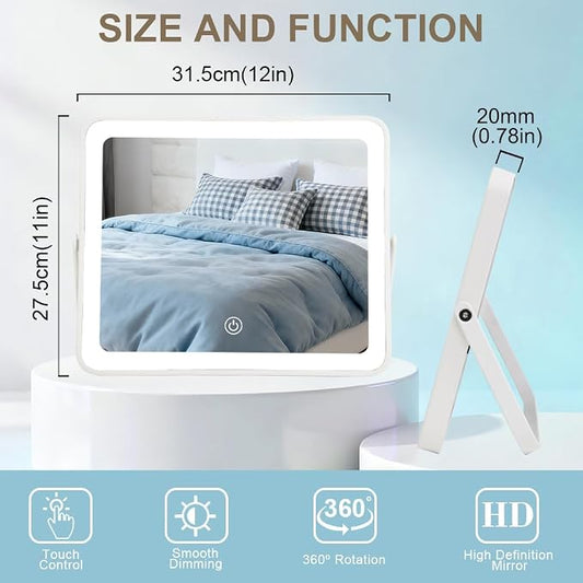 YEKKOPT Portable Desk Vanity Mirror with Lights,10"×12" Small Rechargeable Makeup Mirror with Lights,Smart Touch Screen with 3-Color Lighting,Dimmable,for Dorm Tabletop,Bedroom,Decor