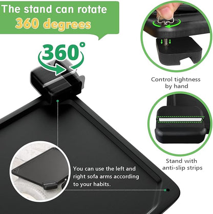 Smatdecis Couch Arm Tray Table Sofa Arm Clip, Armrest Tray Table Suitable for Home Drinks/Fast Food/Fruit Etc, Large Size Multi-Function Black(360° Rotating Stand B)