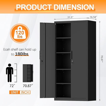 Metal Garage Storage Cabinets,Locking Garage Cabinets with 2 Door and 4 Adjustable Shelves,Steel Tall Cabinet for Home Office,Warehouse,School,Black