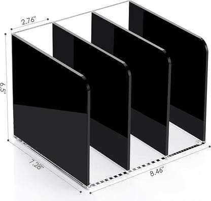 SANRUI Acrylic Magazine File Holder Desktap Organizer, Clear Folder Rack Workspace Document Sorters, Bookend File Office Accessories Organization Storage, (Black 3 Vertical Compartments)