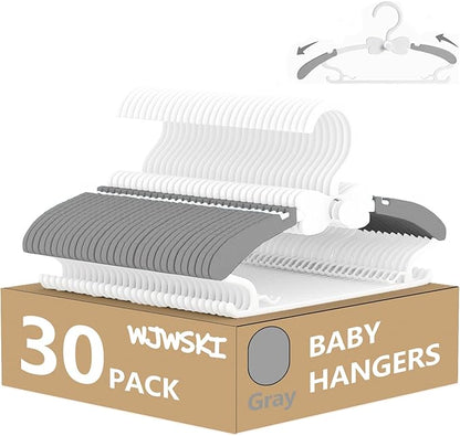 Kids Hangers for Closet, 30 Pack Baby Clothes Hanger, Adjustable Toddler Hangers for Boy Nursery, Cascading Plastic Perchas for Newborn Babies Children Infant, Space Saving Perchas Bebés, Grey