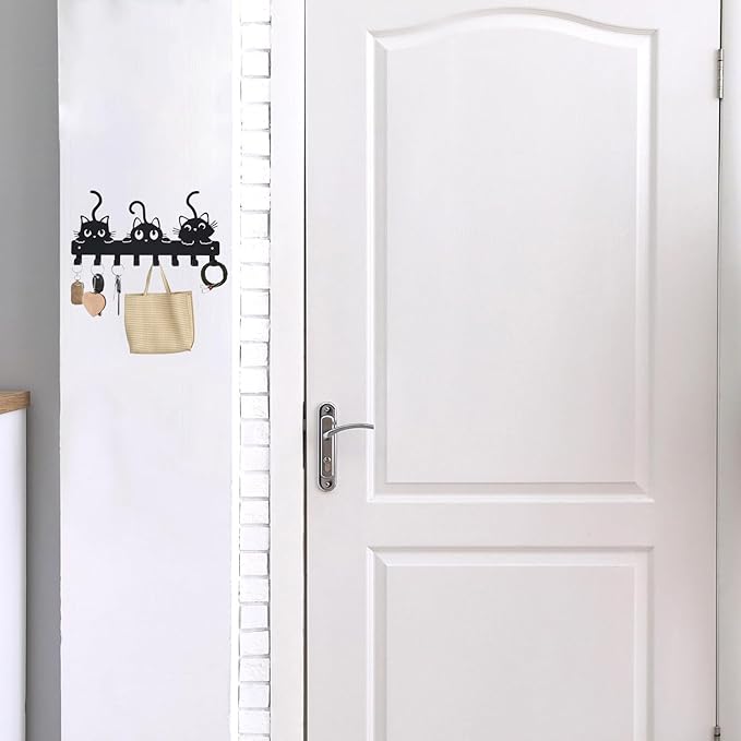 Key Hooks Holder for Wall Mounted with 8 Hooks, Black Cute Cat Key Hanger Rack Wall Decorative for Home, with Mounting Hardware, Dog Leash Holder, Entryway, Hallway, Office Ready to Hang