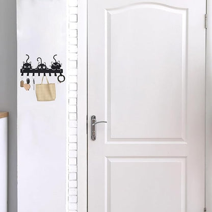 Key Hooks Holder for Wall Mounted with 8 Hooks, Black Cute Cat Key Hanger Rack Wall Decorative for Home, with Mounting Hardware, Dog Leash Holder, Entryway, Hallway, Office Ready to Hang