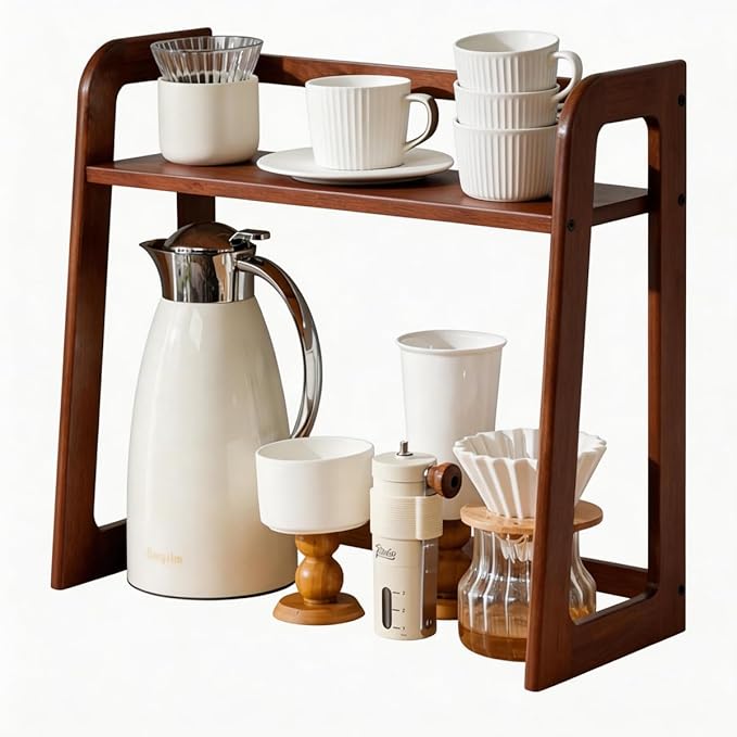 Natural Bamboo Coffee Station Organizer, 2-Tier Wooden Kitchen Counter Shelf for Bar Accessories, Multi-Functional Countertop Storage Rack for Syrup Bottles & Coffee Essentials (Dark Brown)