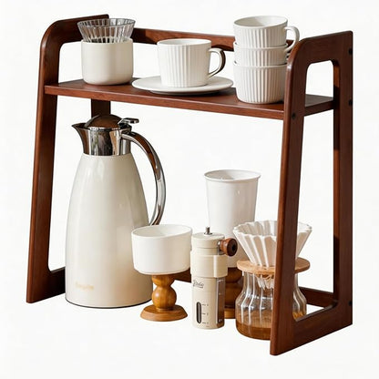 Natural Bamboo Coffee Station Organizer, 2-Tier Wooden Kitchen Counter Shelf for Bar Accessories, Multi-Functional Countertop Storage Rack for Syrup Bottles & Coffee Essentials (Dark Brown)