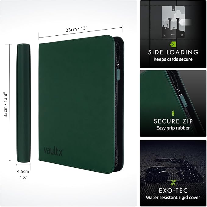 Vault X 12 Pocket Zip Binder, 480 Cards, Exo-Tec Material, 20 Side-Loading Pages (Green)