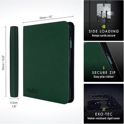 Vault X 12 Pocket Zip Binder, 480 Cards, Exo-Tec Material, 20 Side-Loading Pages (Green)