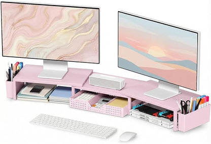 OPNICE Pink Desk Organizers and Accessories for Women, Dual Computer Monitor Stand Riser with Drawer and 2 Pen Holders, Office Desk Accessories, Workspace Desktop Organization for Office Supplies