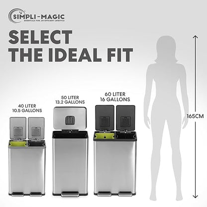 SIMPLI-MAGIC 50 Liter / 13.2 Gallon Soft-Close, Smudge Resistant Trash Can with Foot Pedal and Built in Filter- Stainless Steel, Sleek Finish
