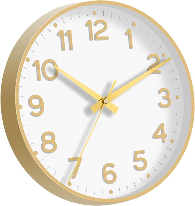 Roymnie Wall Clock 12 Inch Silent Wall Clocks Battery Operated-Modern Non Ticking Analog Clock Decorative for Kitchen Bedroom Office (White Gold)