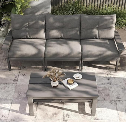Grey HDPE Patio Sofa Set, 3-Piece Sectional Outdoor Patio Furniture Set, All Weather Outdoor Couch Set with Washable Thick Cushions for Lawn, Garden, Deck, Porch, Balcony, Poolside, Yard