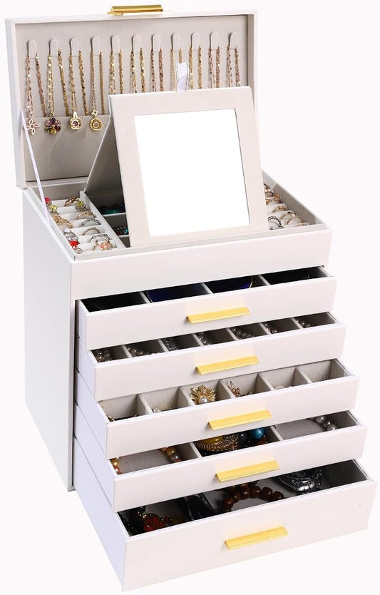BOOVO Jewelry Boxes for Women, White and Black 6 Layer Large Jewelry Box for Necklace, Bracelet, Earrings, Rings Storage, Jewelry holder Organizer for Girls Gift (White and Gold, 6 layer)