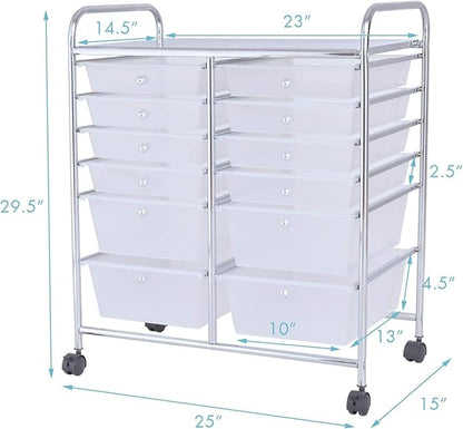 Happygrill 12-Drawer Rolling Storage Cart, Multipurpose Storage Cart W/Lockable Wheels, 2 Sizes Plastic Drawers & Metal Shelf, Mobile Utility Cart for Home Office School