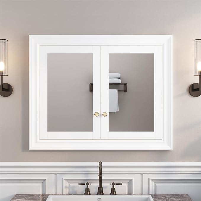 WELLFOR 40"x 32" Bathroom Medicine Cabinet with Dual Mirrors, Recessed Wood Medicine Cabinet with 3-Tier Adjustable Glass Shelves and Soft-Close Door