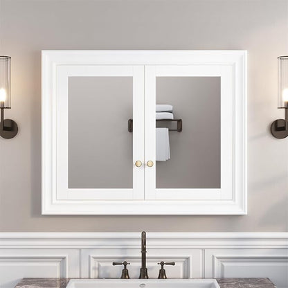WELLFOR 40"x 32" Bathroom Medicine Cabinet with Dual Mirrors, Recessed Wood Medicine Cabinet with 3-Tier Adjustable Glass Shelves and Soft-Close Door
