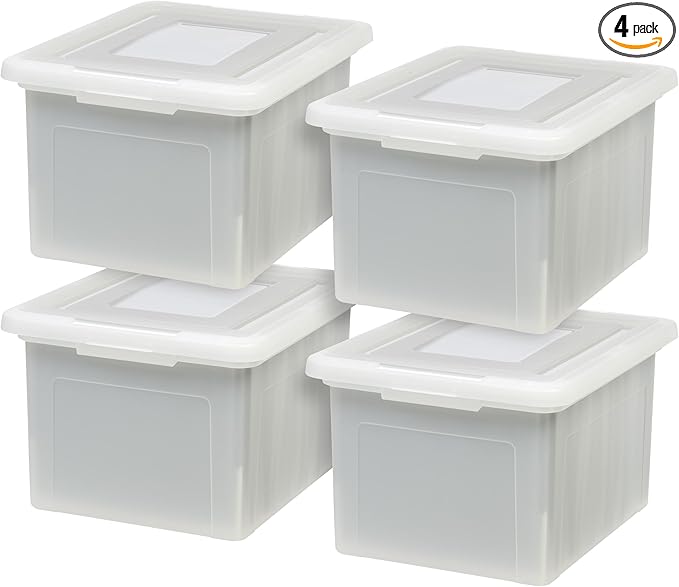 IRIS USA File Box with Lid, File Storage Box for Letter Size Documents, Portable Plastic File Box, Stackable Nestable Organizer, 35 Qt, 4 Pack, Pearl