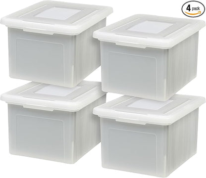 IRIS USA File Box with Lid, File Storage Box for Letter Size Documents, Portable Plastic File Box, Stackable Nestable Organizer, 35 Qt, 4 Pack, Pearl