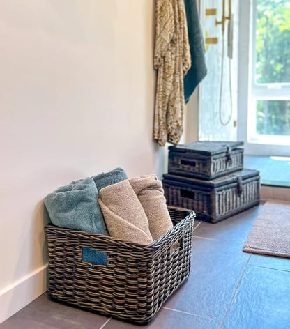 The Basket Lady Square Deep Wicker Storage Basket, Medium, 15 in L x 15 in W x 9 in H, Antique Walnut Brown