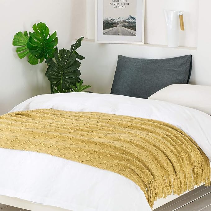 BOURINA Mustard Throw Blanket 60x80 Inches Throw Textured Solid Soft Sofa Throw Couch Knitted Decorative Blanket