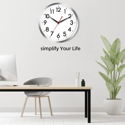 AKCISOT Wall Clock 12 Inch Silent Wall Clocks Battery Operated Non Ticking - Modern Silver Clock Decorative for Kitchen, Bathroom, Bedroom, Living Room, Office, Home