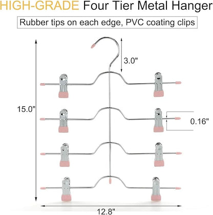 TOPIA HANGER 4 Tier Metal Skirt Hangers for Women, Pants Hanger Space Saving with Adjustable Clips, Gain 70% More Space, Non Slip Grip for Slacks, Trousers, Shorts, Jeans, Towels, Pink, 3-Pack, CT24P