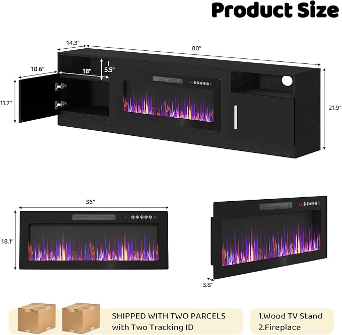 LEMBERI 80 Inch Fireplace TV Stand for TVs up to 90", 36" Electric Fireplace Entertainment Center with 20-Color LED, 300lbs Max Capacity Modern Wood Media Console Cabinet, Black