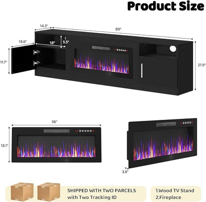 LEMBERI 80 Inch Fireplace TV Stand for TVs up to 90", 36" Electric Fireplace Entertainment Center with 20-Color LED, 300lbs Max Capacity Modern Wood Media Console Cabinet, Black