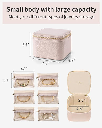 Vlando Travel Jewelry Case,Jewelry Organizer with 6 zipper velvet Jewelry bags for Women Girl,Wedding Birthday Gift Ideas for Women Earrings Rings Storage Gift Box Packaging Pink