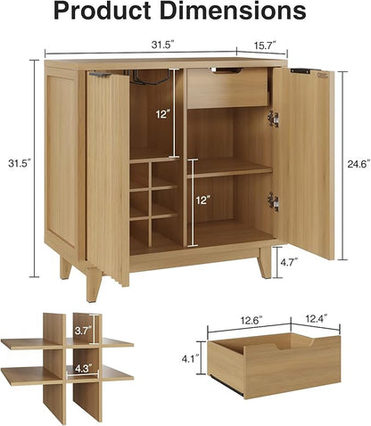 Fluted Coffee Bar Cabinet with Storage, Modern Sideboard Buffet Cabinet with Removable Wine Rack, Drawer, Adjustable Shelf, Natural Liquor Cabinets for Living Room, Dining Room, Kitchen, Entryway