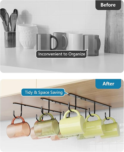 Luckinow 3 Pack Mug Hooks Under Cabinet, Coffee Mug Holder for Hanging Under Shelf, Cup Hanger with 9 Hooks for Displaying Mugs, Coffee Cups and Kitchen Utensils, Black