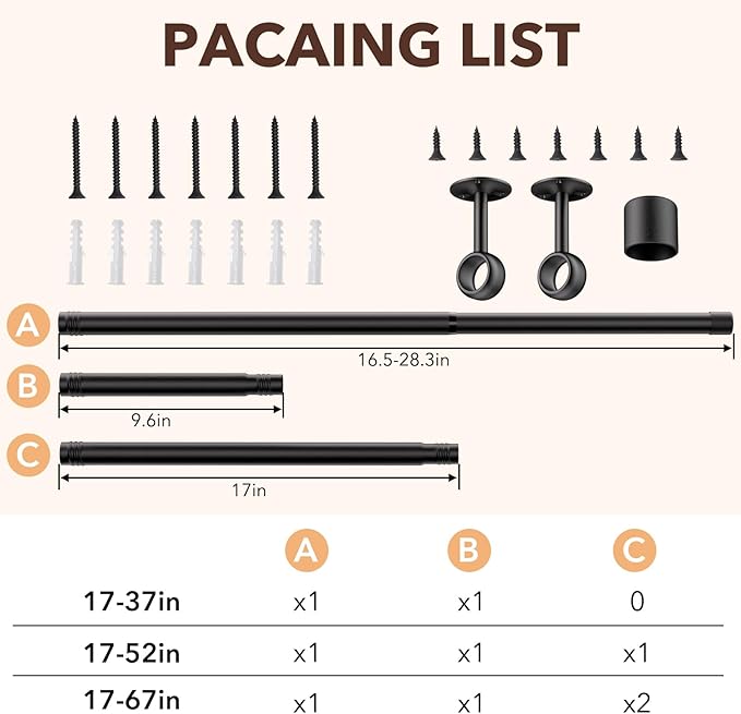 Closet Rod, Closet Rods for Hanging Clothes, 17 to 67 inch Adjustable Ceiling/Wall mounted Closet Hanging Rod, Heavy Duty Clothes Rod Clothing Bar, Closet Poles for Hanging Clothes for Wardrobe