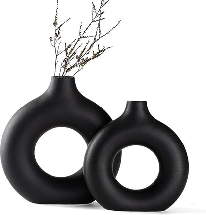 Black Ceramic Donut Vase Set of 2, Big Hollow Round Matte Pampas Flower Vases for Boho Home Wedding Party Room Dinner Table Shelf Decor.