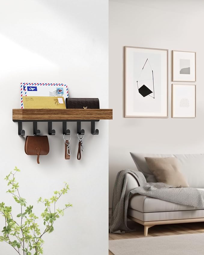 Key Holder Wall Mount Adhesive Magnetic - Hanging Key Hooks with Mail Organizer Tray for Wallet House Accessories - Keys Hanger Rack with Shelf for Camper Entryway Door Home Living Room Decor Rustic