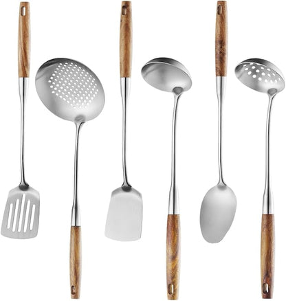 6 Pcs Cooking Utensils Set 304 Stainlss Steel Kitchen Utensils Set Heat Resistant Wooden Handle Kitchen Tools Metal Kitchen Utensil Soup Ladle Set, Dishwasher Safe