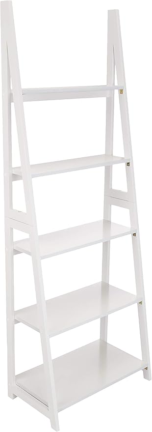 Amazon Basics 5-Tier Ladder Bookshelf Storage Organizer for Small Space, Easy to Assemble, Solid Rubberwood Frame, White Finish, 14D x 24.8W x 70.1H in