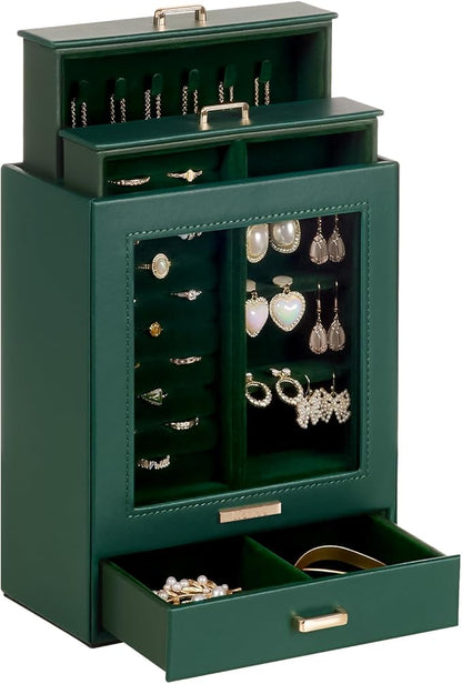 Homde Jewelry Organizer Girls Women Jewelry Box for Necklaces Rings Earrings Gift Bracelets Storage Case (Forest Green + Gold)