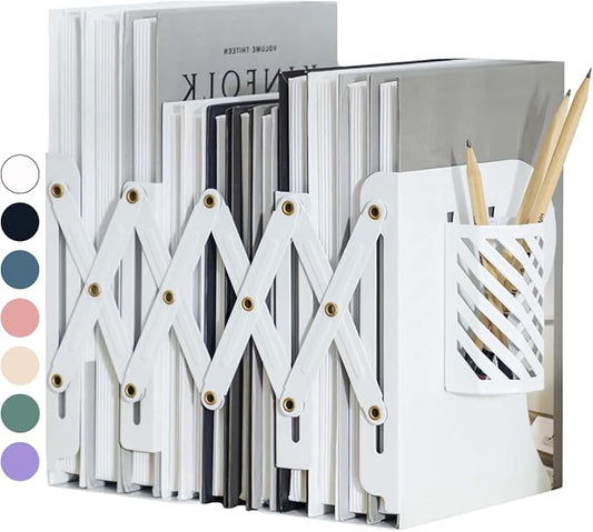 Kingsmile Book Ends, Adjustable Bookends for Shelves, Metal Bookends for Heavy Books, Book Stopper Organzier with Pen Holder for Desk, Kids Room, Office, Classroom, Library, Study Room.(White)