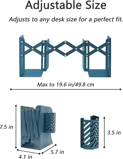 Kingsmile Book Ends, Adjustable Heavy Duty Metal Book Stoppers with Pen Holder for Desk Office Library Kids Room(Blue)