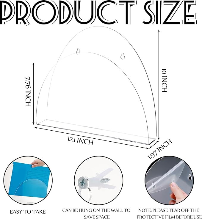 2 Pcs 12 Inch Acrylic Wall File Holder Tablet or Patient Chart Holder with Open Sides Medical Files Hanging Organizer for Wall Anchor Hardware for School Office Home(Arched Style)