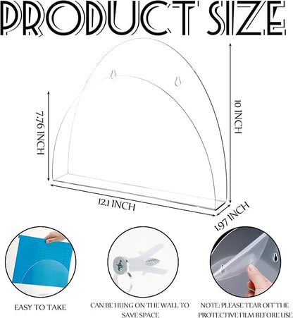 2 Pcs 12 Inch Acrylic Wall File Holder Tablet or Patient Chart Holder with Open Sides Medical Files Hanging Organizer for Wall Anchor Hardware for School Office Home(Arched Style)