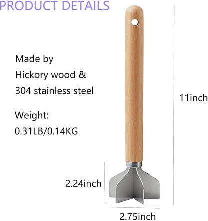 304 Stainless Steel Meat Chopper,6 Blade Ground Beef Masher with Wooden Handle, 11 Inch Potato Masher, Metal Meat Masher for Kitchen