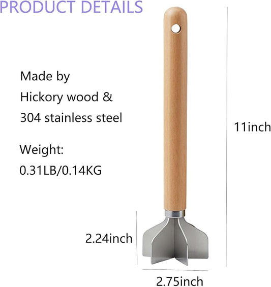 304 Stainless Steel Meat Chopper,6 Blade Ground Beef Masher with Wooden Handle, 11 Inch Potato Masher, Metal Meat Masher for Kitchen
