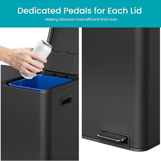 Home Zone Living 16 Gallon Kitchen Trash Can with Dual Compartments for Recycling, Stainless Steel, Matte Black, 60 Liters Total