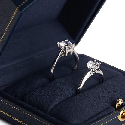 Oirlv Royal Blue Double Ring Box (Jewelry Storage, 2.95x2.95x1.96 inches, Leather, Square, 1 Compartment, 1 Drawer, 0.2 pounds) for Wedding, Anniversary, Engagement, Valentine's Day