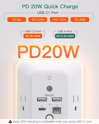 Surge Protector, Outlet Extender with Night Light, Addtam 5-Outlet Splitter and 4 USB Ports(PD 20W), Multi Plug Wall Outlet Power Strip for Home Office Dorm Room Essentials