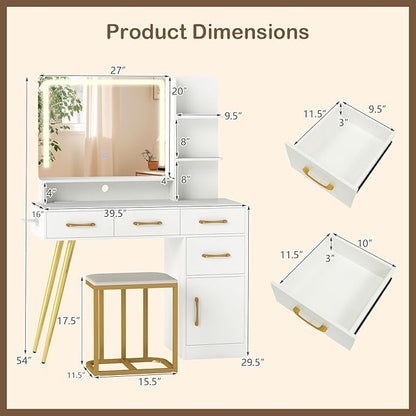 CHARMAID Vanity Desk with LED Mirror and Lights, Charging Station, 4 Drawers, Storage Cabinet & Shelves, Hair Dryer Holder, Modern Makeup Dressing Table with Stool for Bedroom, White & Gold