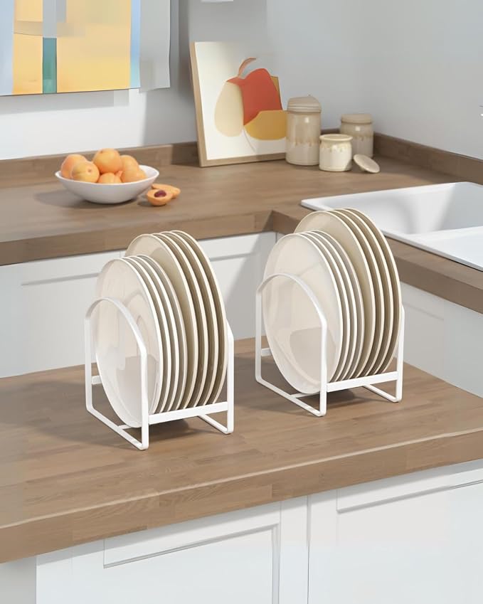 4 Pack Kitchen Plate Holder Organizer for Cabinet Space Saver Dinner Dish Storage Rack Upright Dish Drying Racks Metal Plate Dish Racks Stand for Cupboard and Countertop 2 Large 2 Small White
