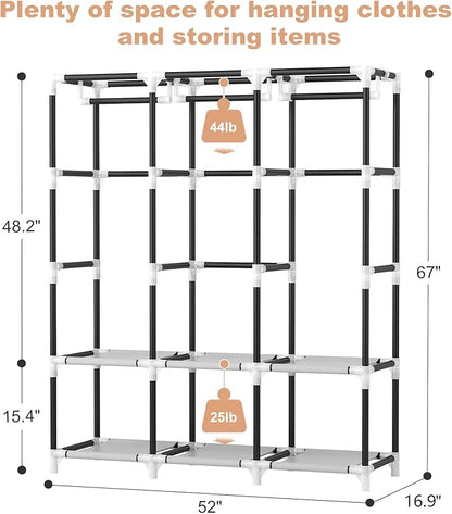 VTRIN Portable Closet for Hanging Clothes 52 Inch Wide Portable Wardrobe Closet with Cover, 6 Storage Shelves and 3 Hanging Rod, Diameter 19mm Metal Pipe, Sturdy Closet for Bedroom, Black